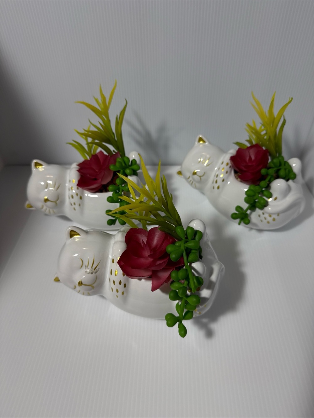 Modern Expressions White Ceramic Cat Planter w/ Faux Succulents